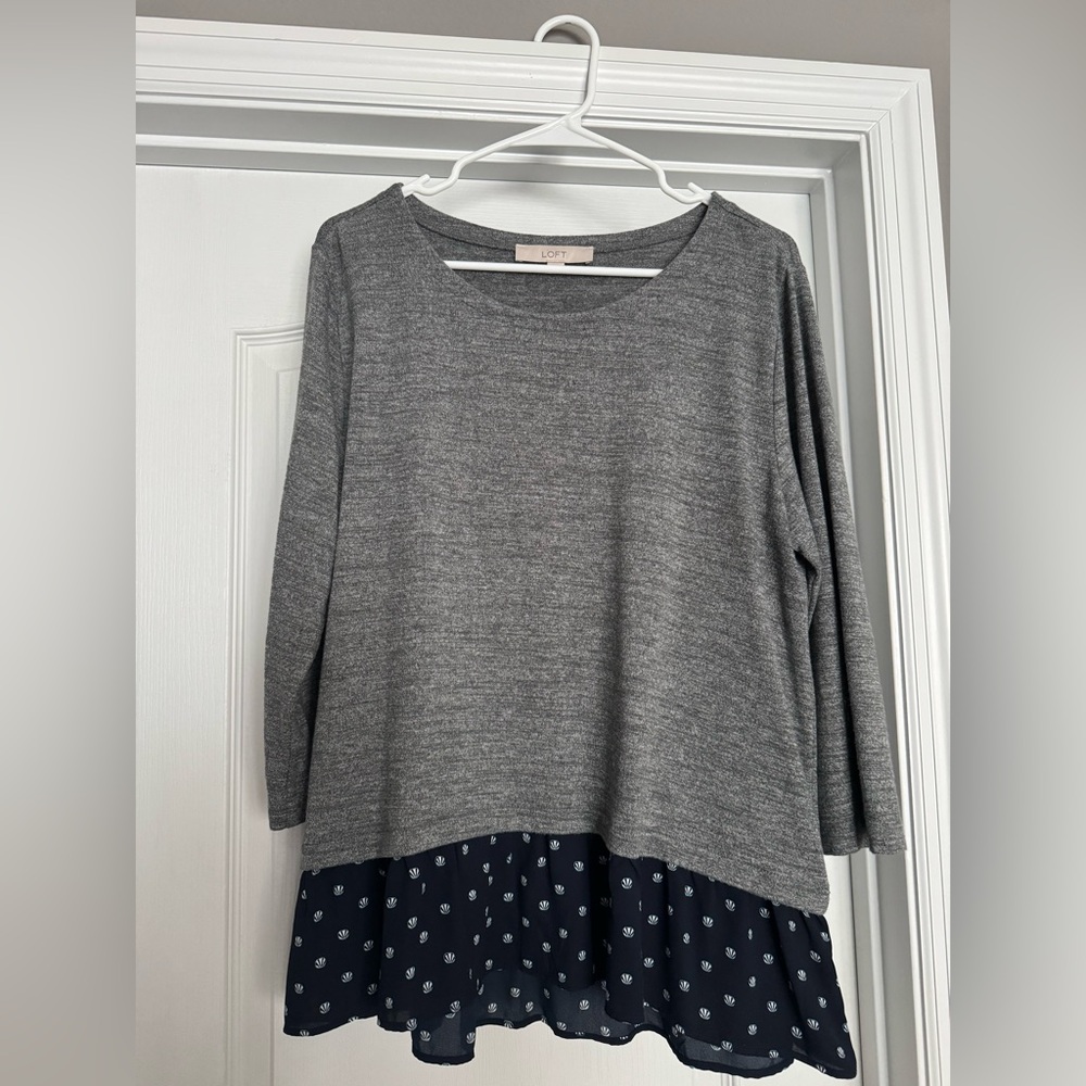 LOFT Gray and Navy Patterned Layered Top